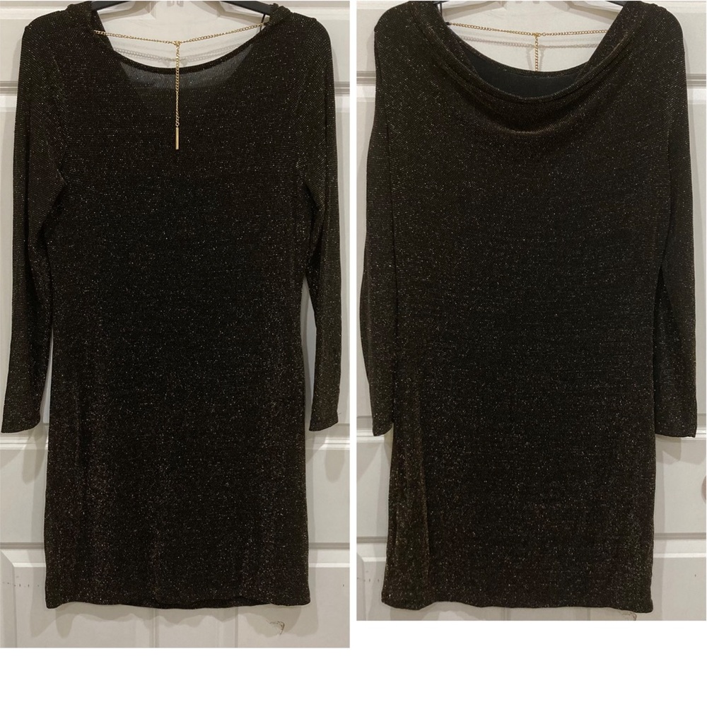 MICHAEL Michael Kors Sz L black & gold sparkle long sleeve short party LBD NYE